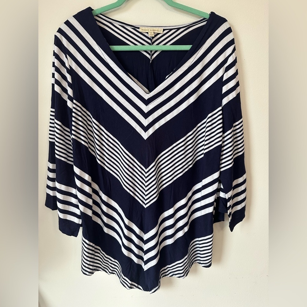 Maria Gabrielle 2x navy white striped V hem, v neck blouse with bell 3/4 sleeve